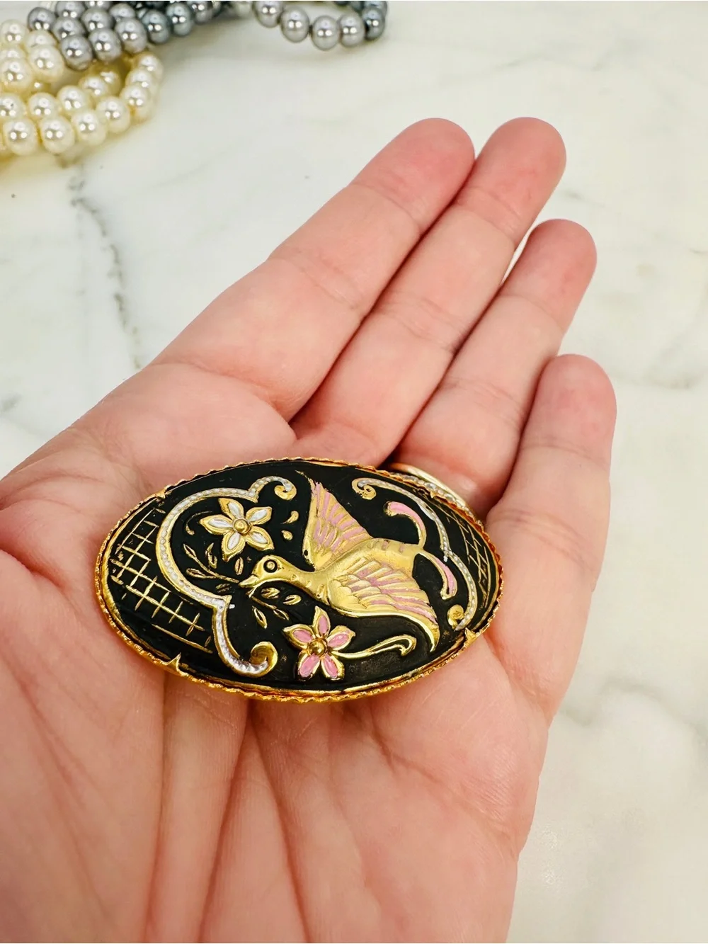 Vintage Damascene Oval Brooch Toledo Spain Bird Floral Gold Inlay Black, Pink